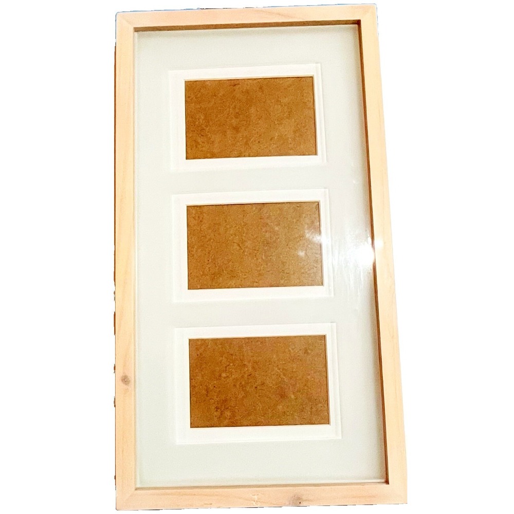 3 Photo Multi Aperture Beige Wood Wall Hang Picture Frame 11" X 20" X 1.5"
